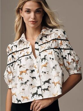 MAEVE Anthropologie Cropped Dog Print Button-Front Shirt Blouse in White size M